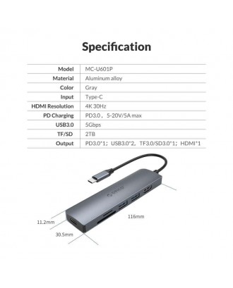 ORICO MC-U601P 6-in-1 Type-C Adapter PD 3.0 5-20V/100W MAX 